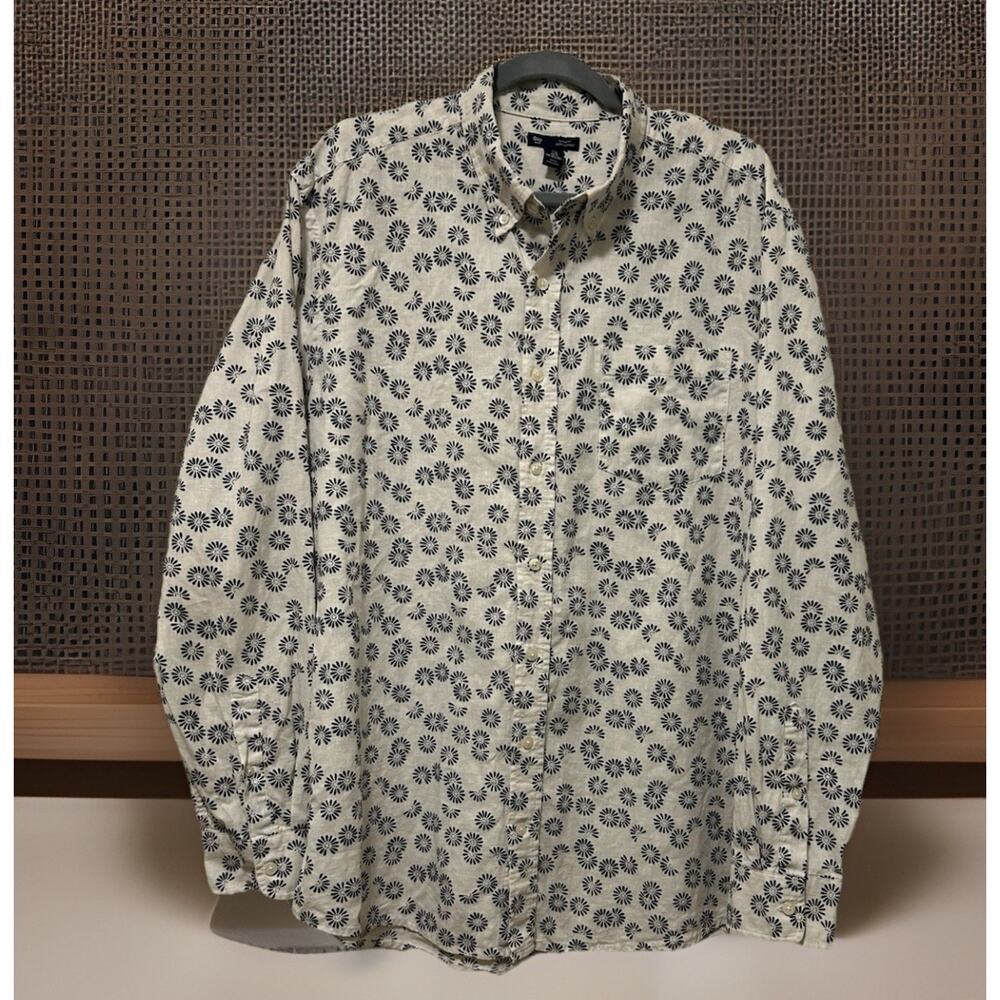 Gap Mens XL Vacay Linen Blend Navy Blue Daisy Floral Sunburst Classic Fit Shirt